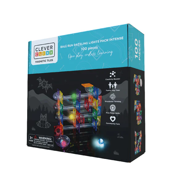 Cleverclixx - Magnetische Tegels Ball Run Dazzling Lights Intense | 100-delige Bouwset