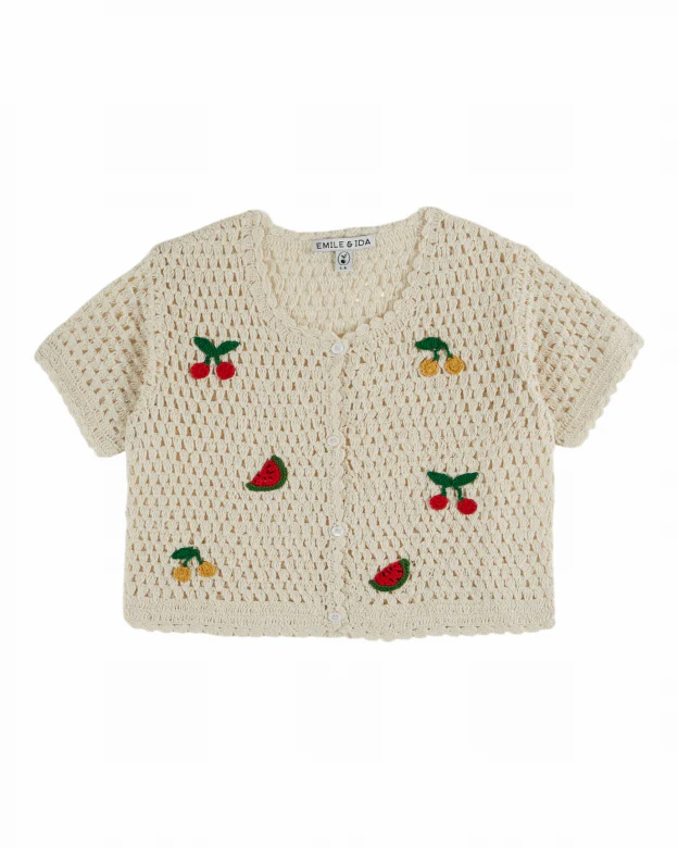 Emile et Ida - Cardigan Korte Mouw Crochet Fruits | Creme
