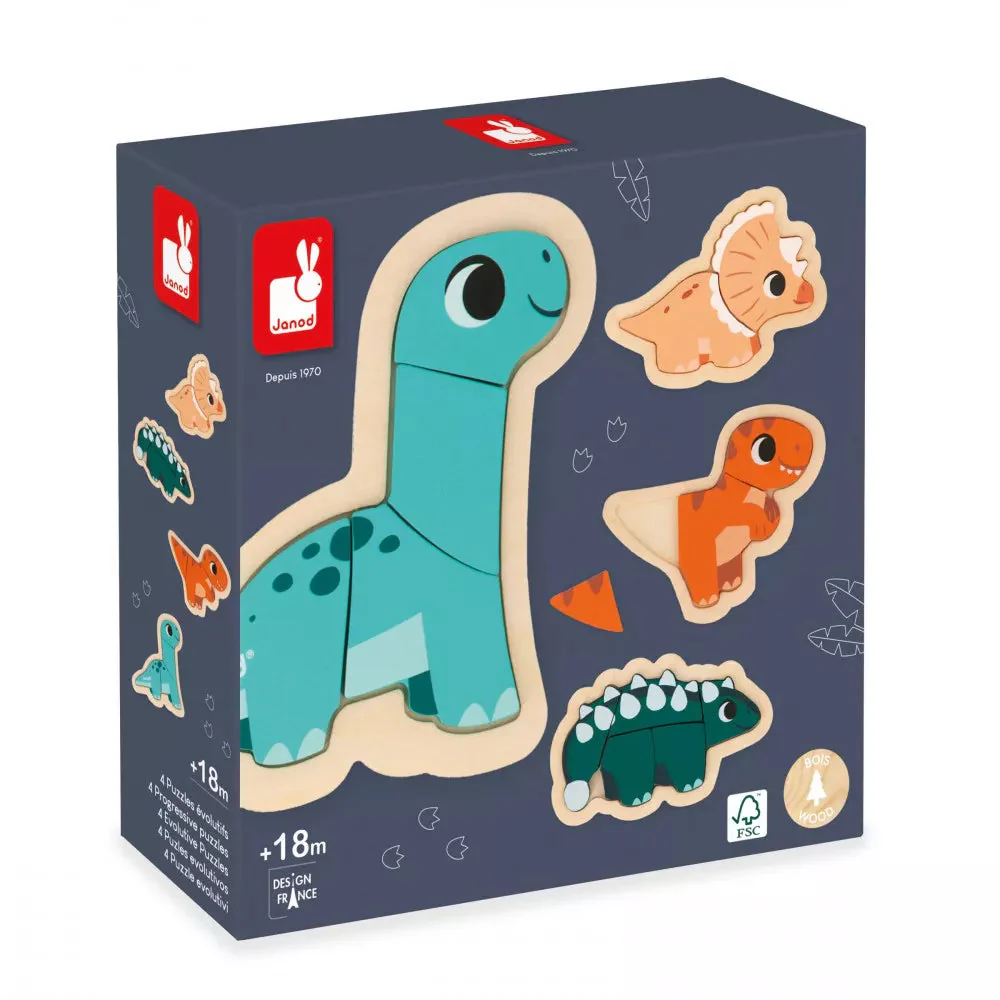 Janod - Evolutieve Puzzels Dino (4 stuks) | Progressieve Houten Dinosaurus Puzzels